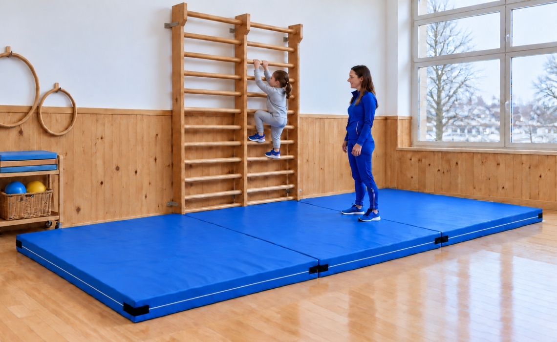 Sportraum mit Matten und Kind an Sprossenwand Sportraum mit Matten und Kind an Sprossenwand