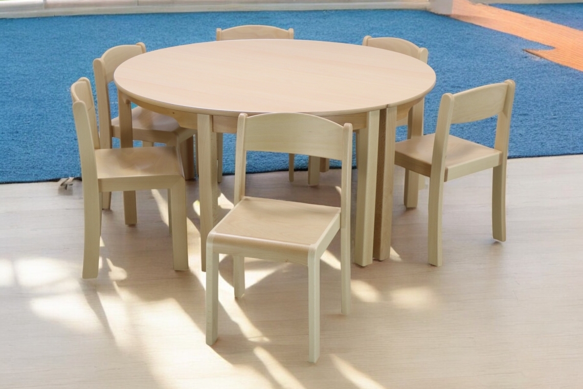 Ambientebild Kindergarten Sitzgruppe mit Rundtisch und Stuhl Eric in Buche, ohne Rollen
