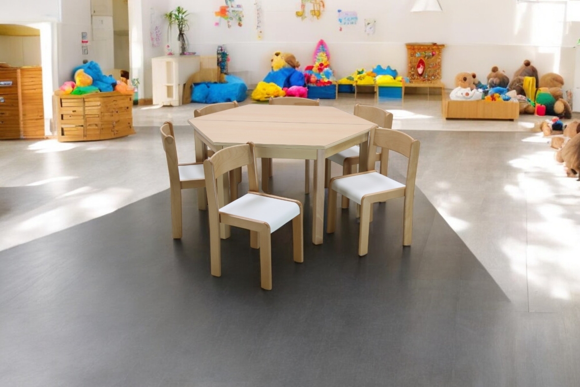 Ambientebild Kindergarten Sitzgruppe mit zwei Trapeztischen und Stuhl Victor, ohne Rollen