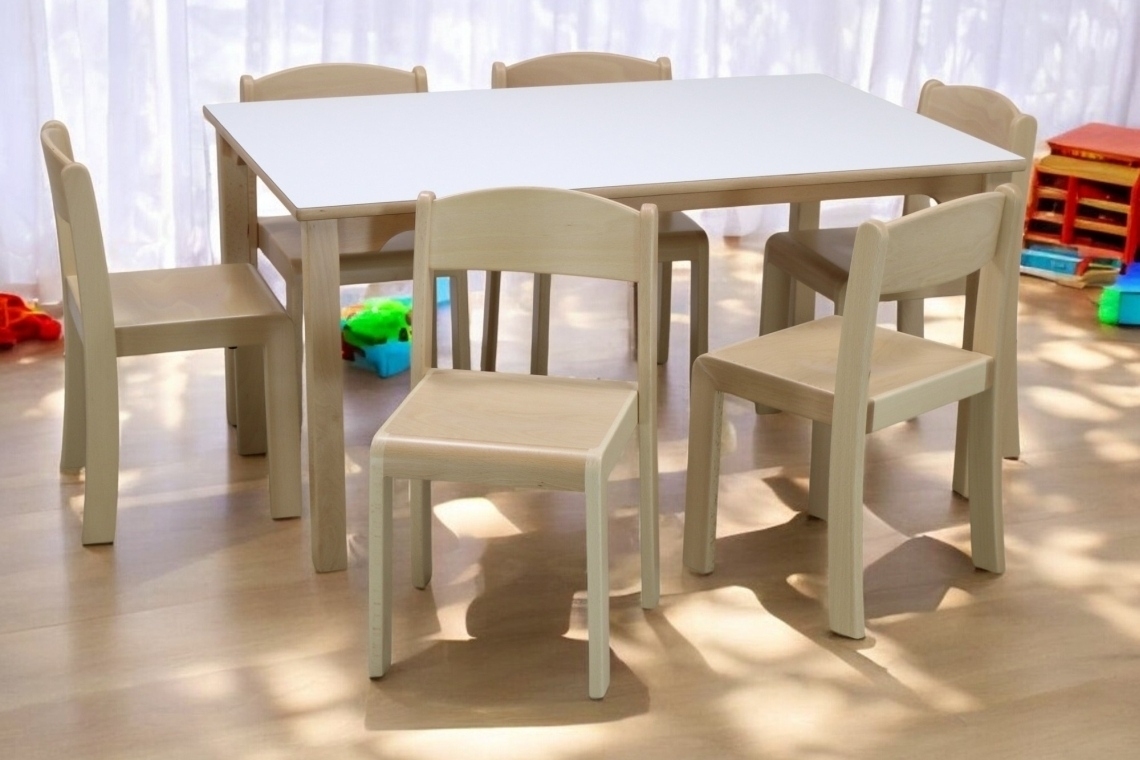 Kindergarten Tisch HPL Weiß mit Stuhl Eric und geschweifter Zarge, ohne Rollen