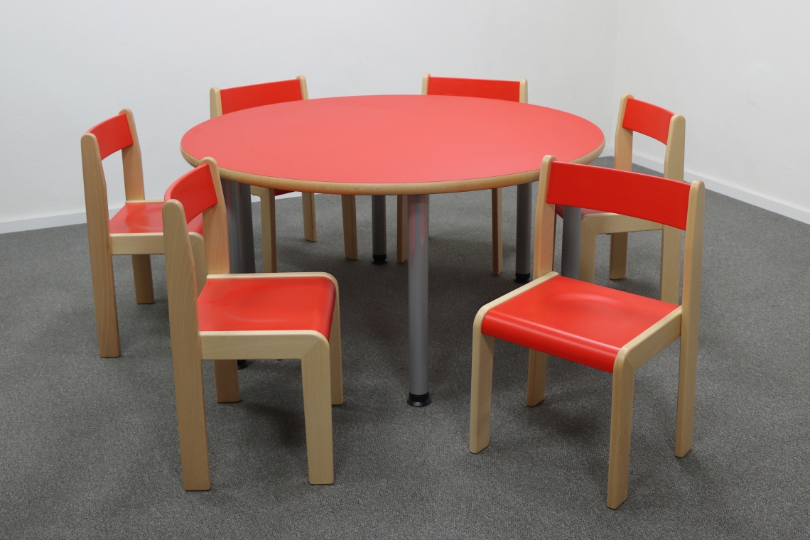 Höhenverstellbarer Tisch (Ø120cm) ohne Zarge in rot mit Stuhl Tim in rot