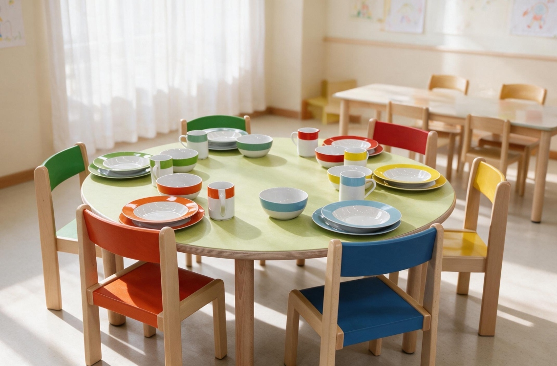 Zargenloser Tisch mit Linoleum im freundlichen Kindergarten Zargenloser Tisch mit Linoleum im freundlichen Kindergarten