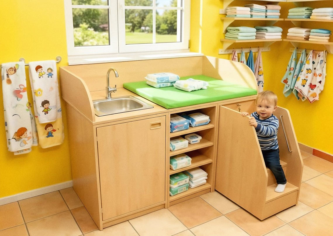 Wickelkommode mit ausziehbarer Treppe und Waschbecken, Ambientebild im Waschraum Wickelkommode mit ausziehbarer Treppe und Waschbecken, Ambientebild im Waschraum