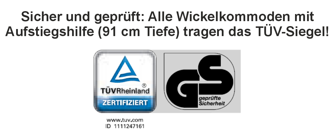 TÜV Emblem und GS-Zeichen für Kommoden mit 91cm Tiefe