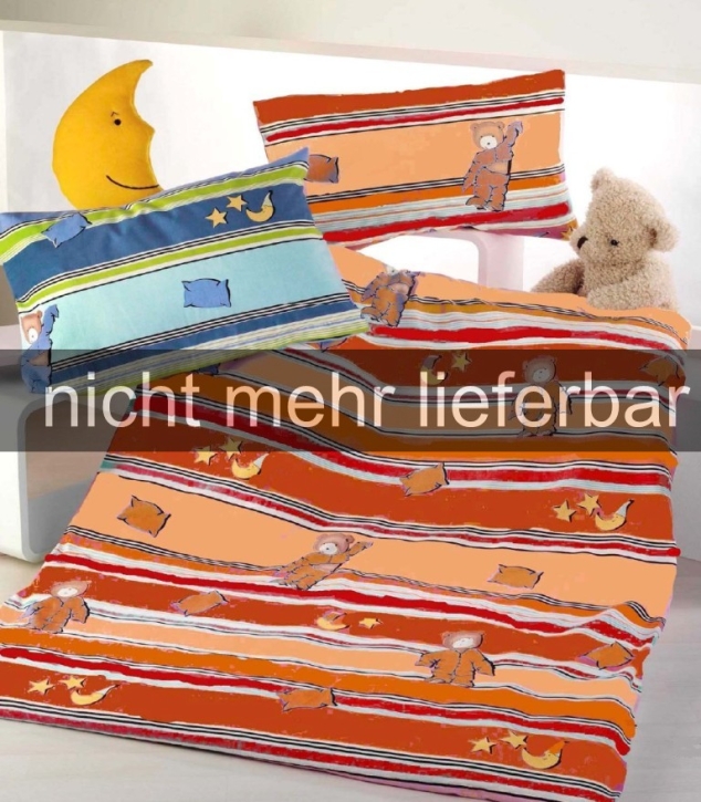 Biber-Bettwäsche "Pyjamabär orange", 100 % Biber-Baumwolle, Garnitur 40x60 + 100x135 cm, Knopfleiste