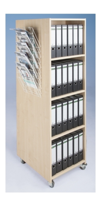 Bücherturm mit 2 Seitenwand Prospekthaltern, EINseitig mit 3 Einlegeböden