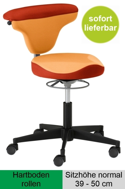 Torro-Sit mit Vitalsitz, Sitzhöhe 39-50 cm, Hartboden-Rollen, Stoff gelb - Stoff orange