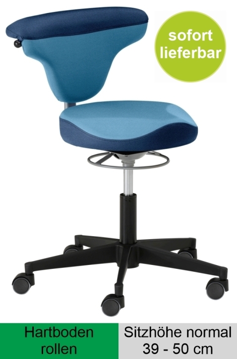 Torro-Sit mit Vitalsitz, Sitzhöhe 39-50 cm, Hartboden-Rollen, Stoff hellblau - Stoff blau