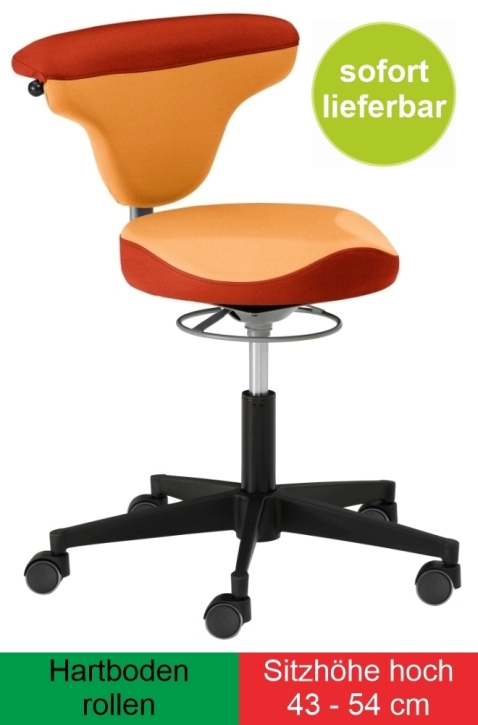 Torro-Sit mit Vitalsitz, Sitzhöhe extra-hoch 43-54 cm, Hartboden-Rollen, Stoff gelb - Stoff orange