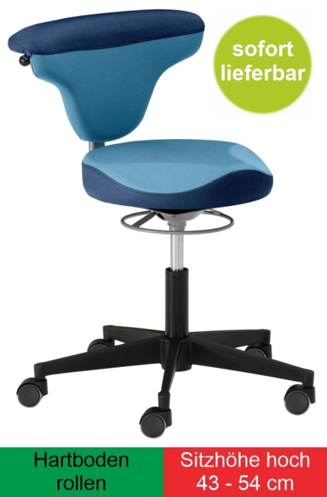 Torro-Sit mit Vitalsitz, Sitzhöhe extra-hoch 43-54 cm, Hartboden-Rollen, Stoff hellblau - Stoff blau