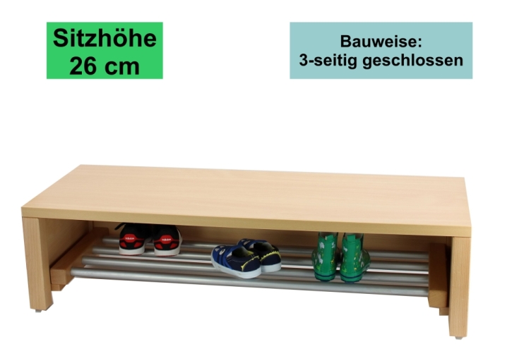 Garderobenbank Stollenbauweise, 3-seitig geschlossen, mit Schuhrost aus Aluminium, 3 Plätze, 60 cm breit, 35 cm tief, Sitzhöhe 26 cm