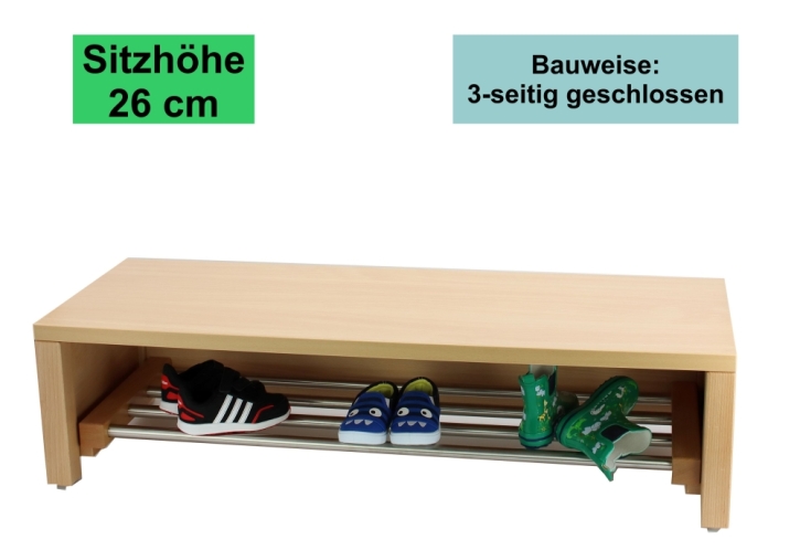 Garderobenbank Stollenbauweise, 3-seitig geschlossen, mit Schuhrost aus Edelstahl, 3 Plätze, 60 cm breit, 35 cm tief, Sitzhöhe 26 cm