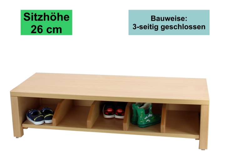 Garderobenbank Stollenbauweise, 3-seitig geschlossen, mit Schuheinteilung aus Holz, 3 Plätze, 60 cm breit, 35 cm tief, Sitzhöhe 26 cm