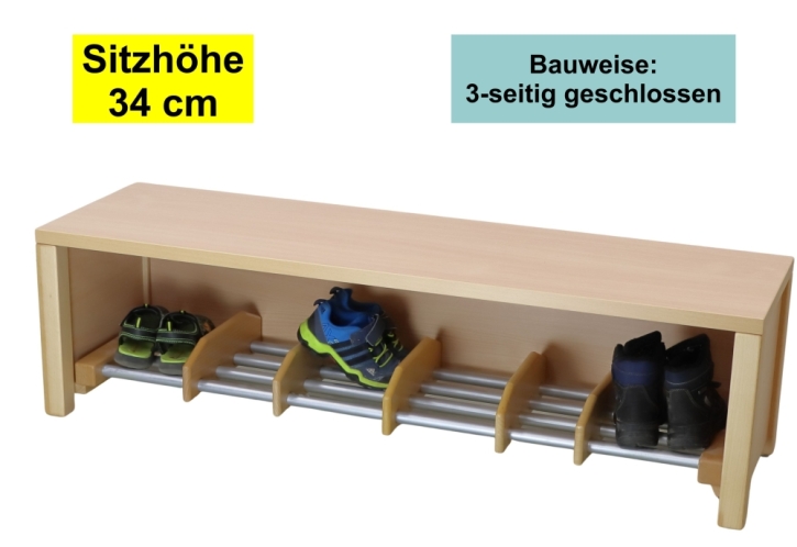 Garderobenbank Stollenbauweise, 3-seitig geschlossen, mit Schuheinteilung aus Aluminium, 3 Plätze, 60 cm breit, 35 cm tief, Sitzhöhe 34 cm