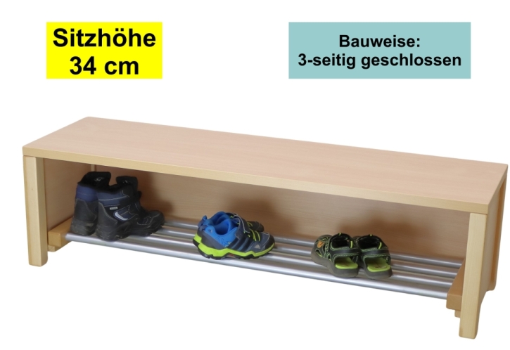 Garderobenbank Stollenbauweise, 3-seitig geschlossen, mit Schuhrost aus Aluminium, 3 Plätze, 60 cm breit, 35 cm tief, Sitzhöhe 34 cm