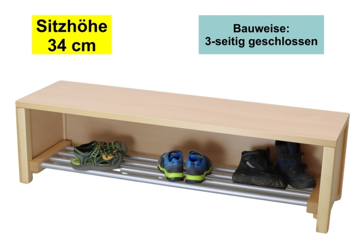 Garderobenbank Stollenbauweise, 3-seitig geschlossen, mit Schuhrost aus Edelstahl, 3 Plätze, 60 cm breit, 35 cm tief, Sitzhöhe 34 cm