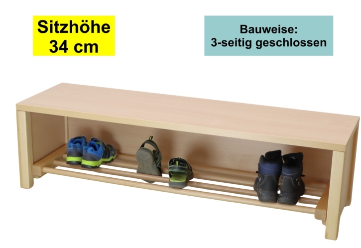 Garderobenbank Stollenbauweise, 3-seitig geschlossen, mit Schuhrost aus Holz, 3 Plätze, 60 cm breit, 35 cm tief, Sitzhöhe 34 cm