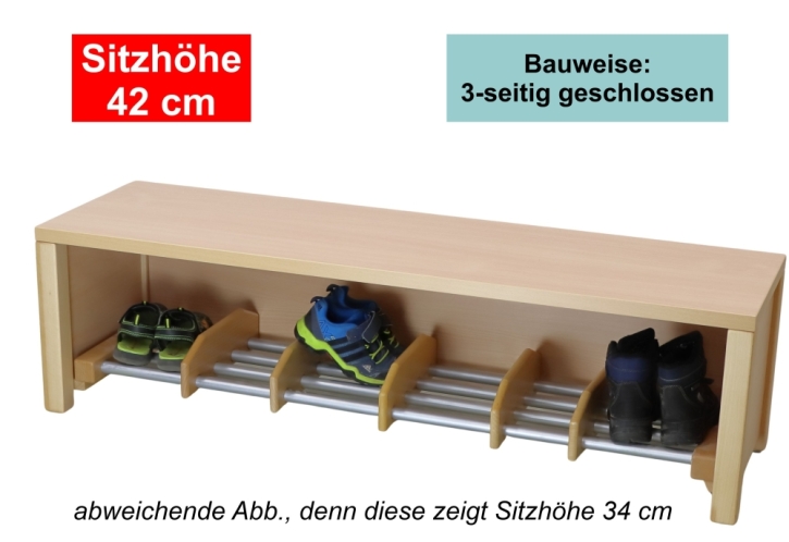 Garderobenbank Stollenbauweise, 3-seitig geschlossen, mit Schuheinteilung aus Aluminium, 3 Plätze, 60 cm breit, 35 cm tief, Sitzhöhe 42 cm