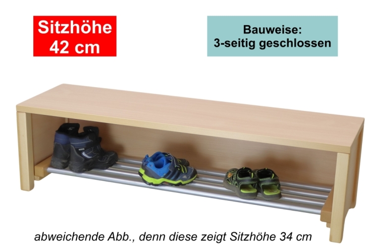 Garderobenbank Stollenbauweise, 3-seitig geschlossen, mit Schuhrost aus Aluminium, 3 Plätze, 60 cm breit, 35 cm tief, Sitzhöhe 42 cm