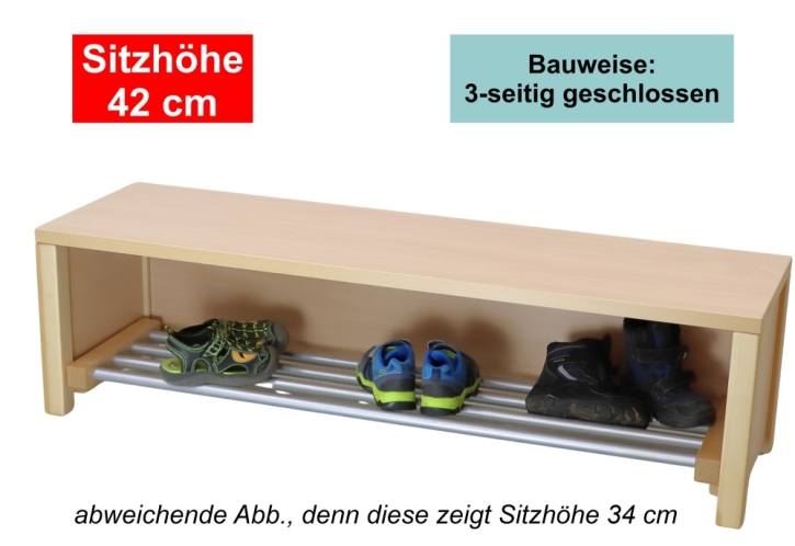 Garderobenbank Stollenbauweise, 3-seitig geschlossen, mit Schuhrost aus Edelstahl, 3 Plätze, 60 cm breit, 35 cm tief, Sitzhöhe 42 cm