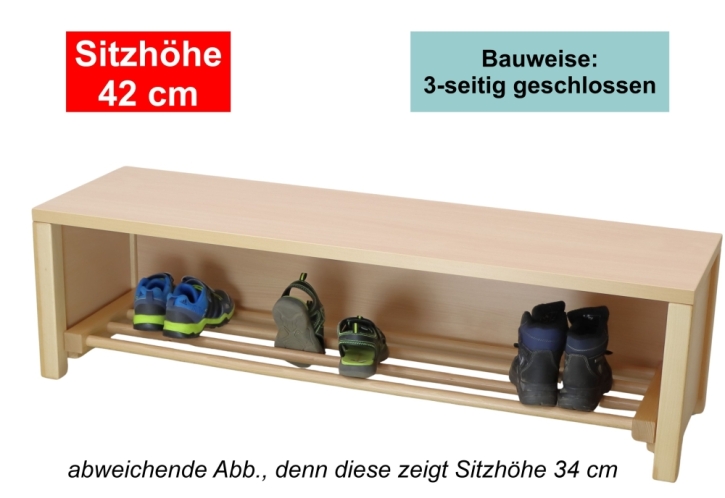 Garderobenbank Stollenbauweise, 3-seitig geschlossen, mit Schuhrost aus Holz, 3 Plätze, 60 cm breit, 35 cm tief, Sitzhöhe 42 cm