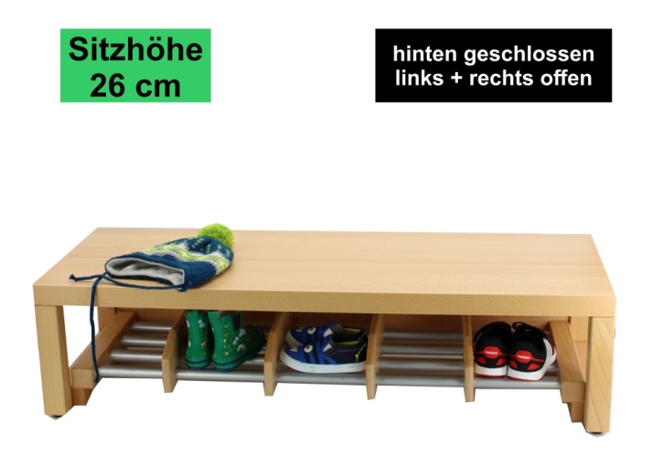 Garderobenbank Stollenbauweise, hinten geschlossen, mit Schuheinteilung aus Aluminium, 3 Plätze, 60 cm breit, 35 cm tief, Sitzhöhe 26 cm