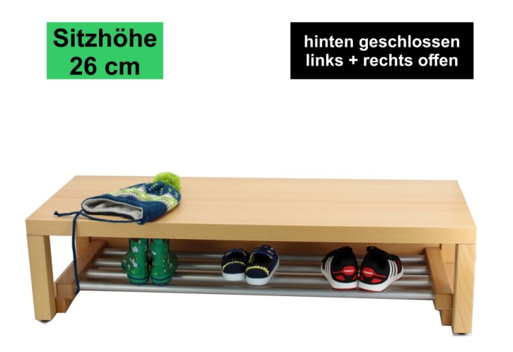 Garderobenbank Stollenbauweise, hinten geschlossen, mit Schuhrost aus Aluminium, 3 Plätze, 60 cm breit, 35 cm tief, Sitzhöhe 26 cm