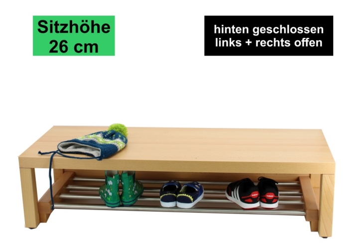 Garderobenbank Stollenbauweise, hinten geschlossen, mit Schuhrost aus Edelstahl, 3 Plätze, 60 cm breit, 35 cm tief, Sitzhöhe 26 cm