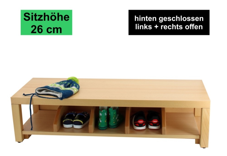 Garderobenbank Stollenbauweise, hinten geschlossen, mit Schuheinteilung aus Holz, 3 Plätze, 60 cm breit, 35 cm tief, Sitzhöhe 26 cm