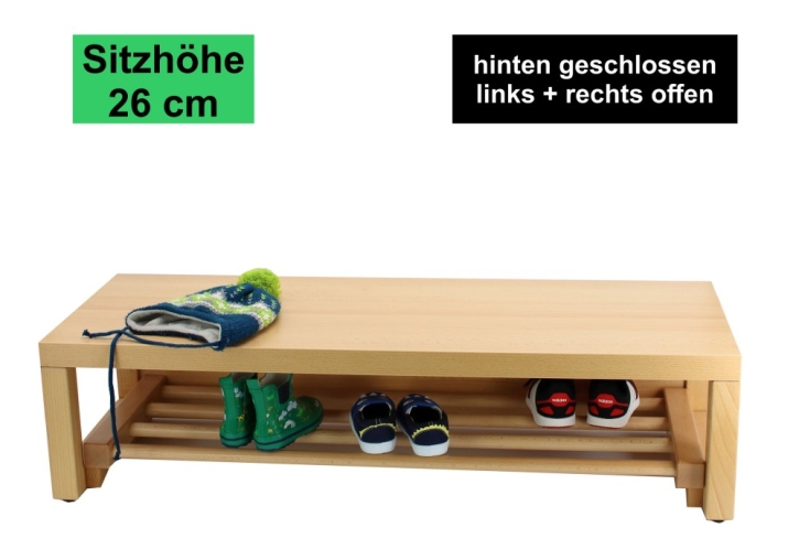 Garderobenbank Stollenbauweise, hinten geschlossen, mit Schuhrost aus Holz, 3 Plätze, 60 cm breit, 35 cm tief, Sitzhöhe 26 cm