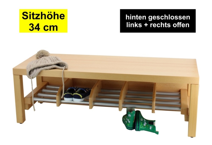 Garderobenbank Stollenbauweise, hinten geschlossen, mit Schuheinteilung aus Aluminium, 3 Plätze, 60 cm breit, 35 cm tief, Sitzhöhe 34 cm