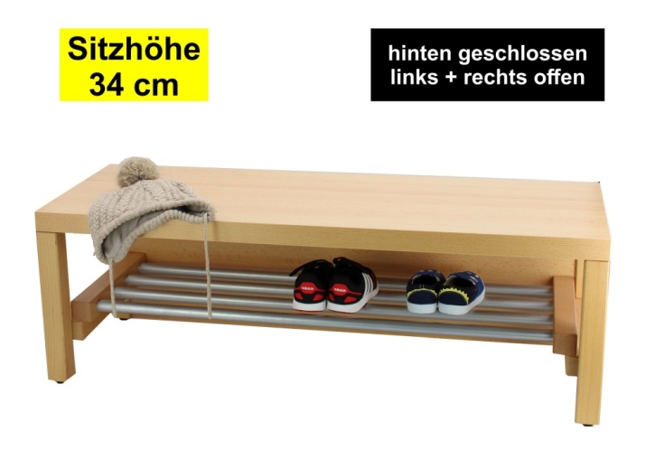 Garderobenbank Stollenbauweise, hinten geschlossen, mit Schuhrost aus Aluminium, 3 Plätze, 60 cm breit, 35 cm tief, Sitzhöhe 34 cm