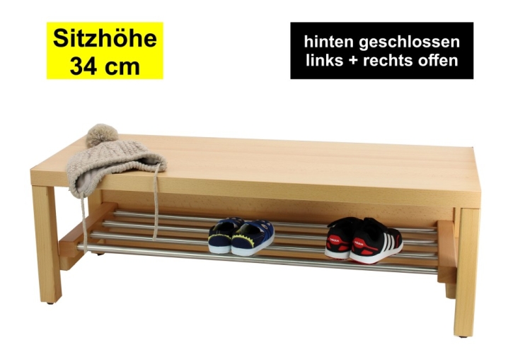 Garderobenbank Stollenbauweise, hinten geschlossen, mit Schuhrost aus Edelstahl, 3 Plätze, 60 cm breit, 35 cm tief, Sitzhöhe 34 cm