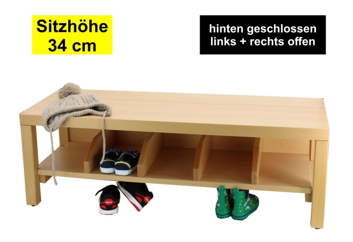 Garderobenbank Stollenbauweise, hinten geschlossen, mit Schuheinteilung aus Holz, 3 Plätze, 60 cm breit, 35 cm tief, Sitzhöhe 34 cm