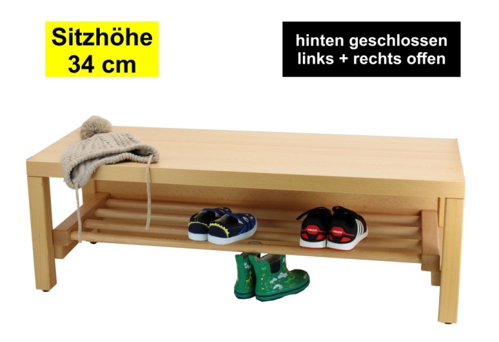 Garderobenbank Stollenbauweise, hinten geschlossen, mit Schuhrost aus Holz, 3 Plätze, 60 cm breit, 35 cm tief, Sitzhöhe 34 cm