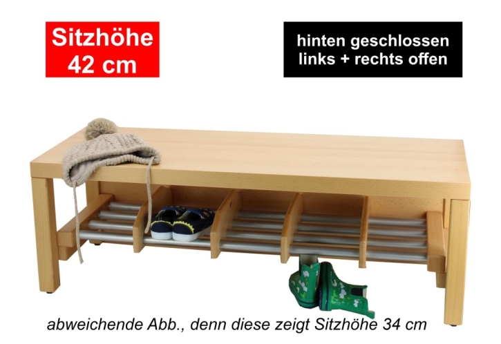 Garderobenbank Stollenbauweise, hinten geschlossen, mit Schuheinteilung aus Aluminium, 3 Plätze, 60 cm breit, 35 cm tief, Sitzhöhe 42 cm