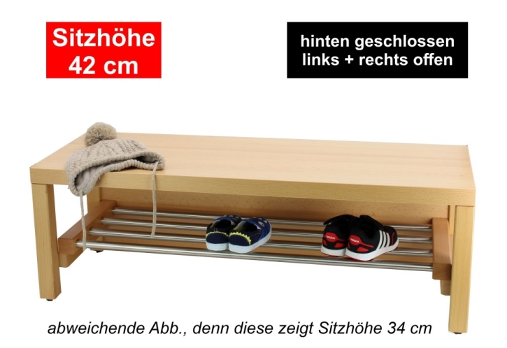 Garderobenbank Stollenbauweise, hinten geschlossen, mit Schuhrost aus Edelstahl, 3 Plätze, 60 cm breit, 35 cm tief, Sitzhöhe 42 cm