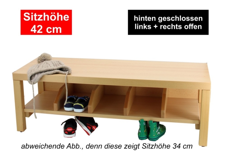 Garderobenbank Stollenbauweise, hinten geschlossen, mit Schuheinteilung aus Holz, 3 Plätze, 60 cm breit, 35 cm tief, Sitzhöhe 42 cm