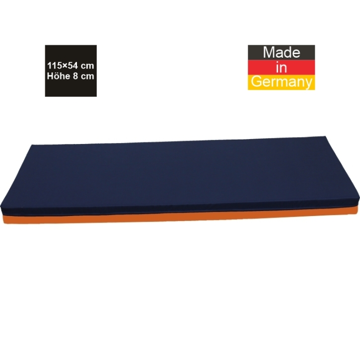 Bodenliegepolster, Bezug eine Seite Jeansstoff, andere Seite 305 Kunstleder Lotos orange, 115 x 54 x 8 cm