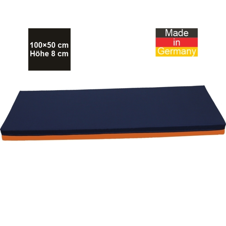 Bodenliegepolster, Bezug eine Seite Jeansstoff, andere Seite 305 Kunstleder Lotos orange, 100 x 50 x 8 cm