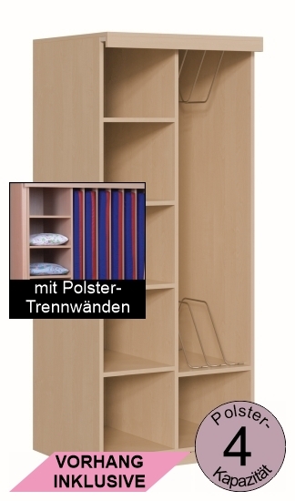 Liegepolsterschrank mit Vorhangschiene, MIT Vorhang, mit Polster-Trennwänden, für 4 Polster, B/H/T 80×190×65/72 cm