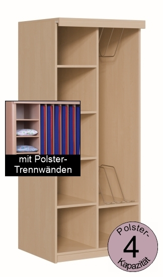 Liegepolsterschrank mit Vorhangschiene, OHNE Vorhang, mit Polster-Trennwänden, für 4 Polster, B/H/T 80×190×65/72 cm