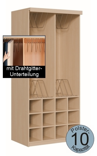 Polsterschrank mit Vorhangschiene, OHNE Vorhang, mit Drahtgitterunterteilung,  für 10 Polster, B/H/T 103×227×65/72 cm
