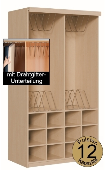 Polsterschrank mit Vorhangschiene, OHNE Vorhang, mit Drahtgitterunterteilung,  für 12 Polster, B/H/T 123×227×65/72 cm