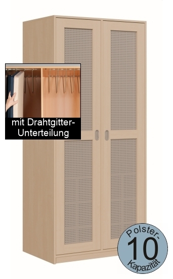 Polsterschrank mit Lochblechtüren, mit Drahtgitterunterteilung,  für 10 Polster, B/H/T 103×227×65/67 cm