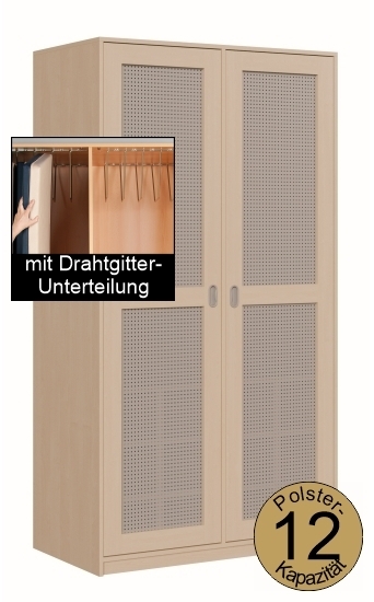 Polsterschrank mit Lochblechtüren, mit Drahtgitterunterteilung,  für 12 Polster, B/H/T 123×227×65/67 cm