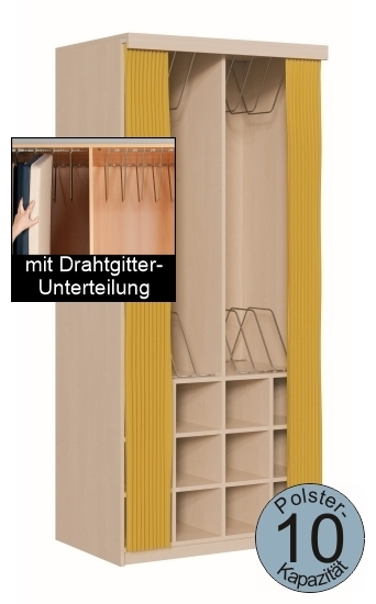 Polsterschrank mit Vorhangschiene, MIT Vorhang, mit Drahtgitterunterteilung,  für 10 Polster, B/H/T 103×227×65/72 cm