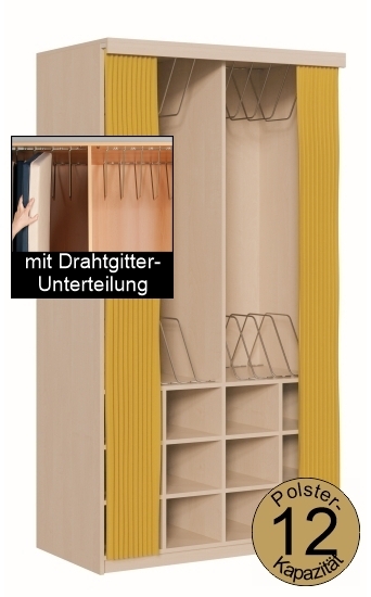 Polsterschrank mit Vorhangschiene, MIT Vorhang, mit Drahtgitterunterteilung,  für 12 Polster, B/H/T 123×227×65/72 cm