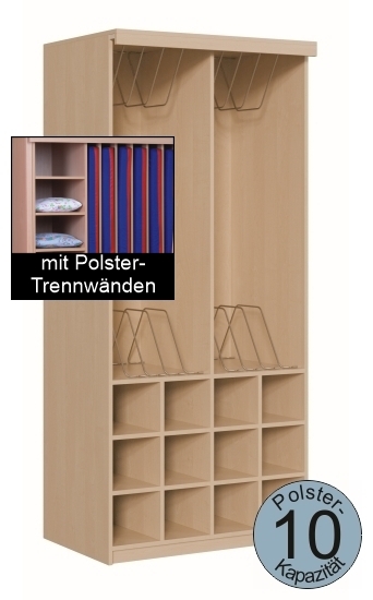 Polsterschrank mit Vorhangschiene, OHNE Vorhang, mit Polster-Trennwänden,  für 10 Polster, B/H/T 103×227×65/72 cm