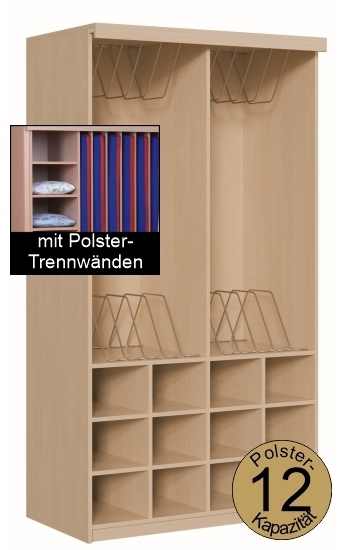 Polsterschrank mit Vorhangschiene, OHNE Vorhang, mit Polster-Trennwänden,  für 12 Polster, B/H/T 123×227×65/72 cm